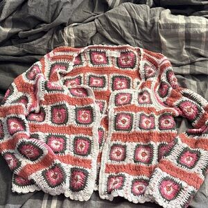 Lucky Brand Crochet Cardigan - Pink and White